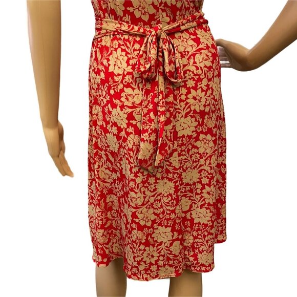 Soprano Red and Beige Floral Wrap Dress Womens Sz S - Picture 7 of 14